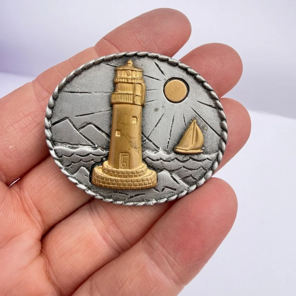 JJ Jonette‎ VTG Lighthouse Sailboat Brooch Two Tone Nautical Ocean Sailing Oval